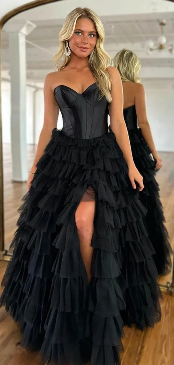 Elegant Black A-Line Sweetheart Side Slit Popular Long Evening Dresses, Formal Dresses, Birthday Party, WGP587