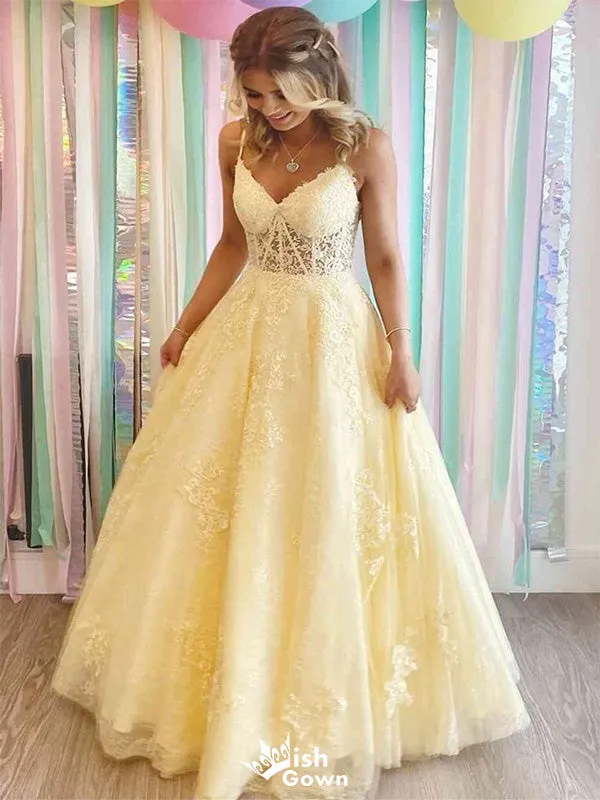 Elegant Yellow A-Line Spaghetti Straps V Neck Lace Applique Maxi Long Party Prom Gowns,Evening Dresses,WGP393