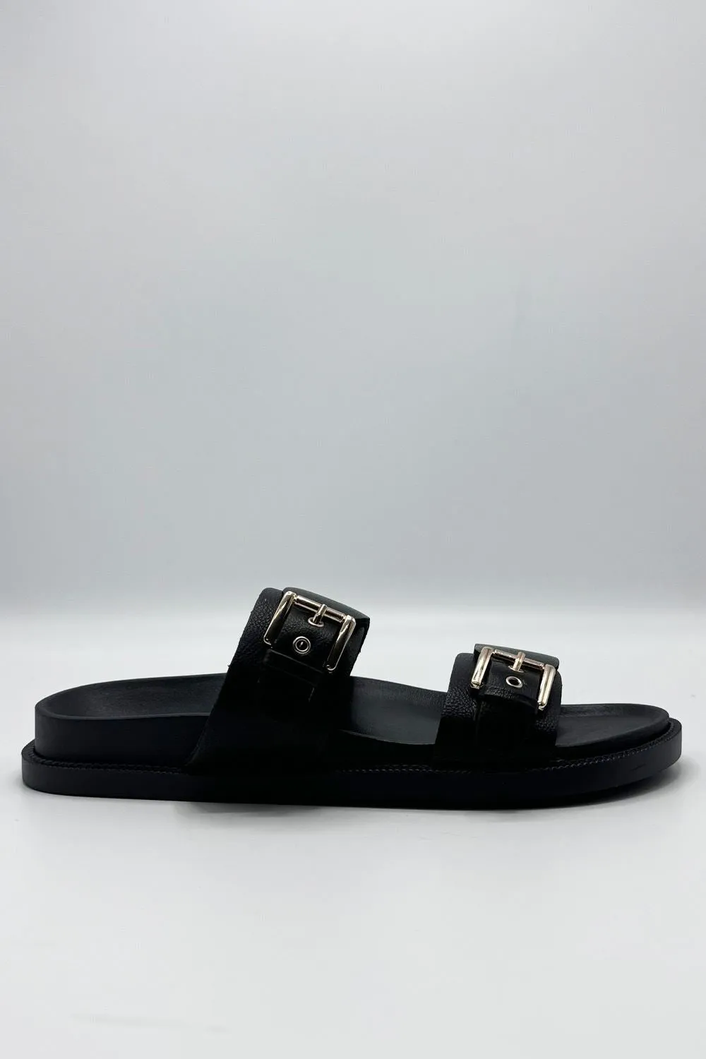 Elise 2 Band Gold Buckle Flat Slider in Black