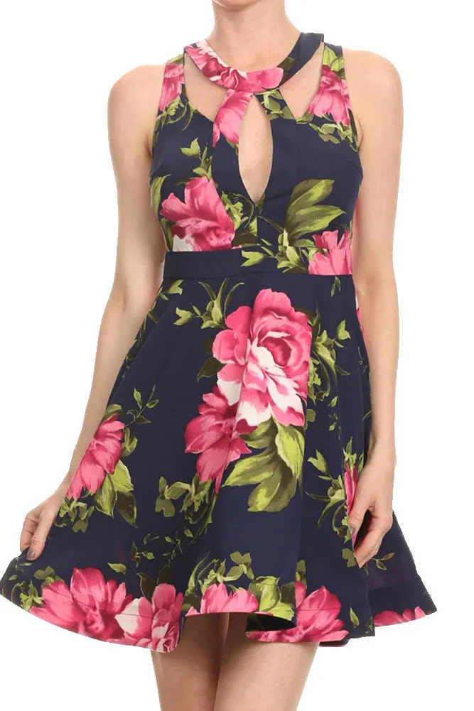 Floral Keyhole Cut Out Cocktail A-Line Fit & Flare Pleated Dress