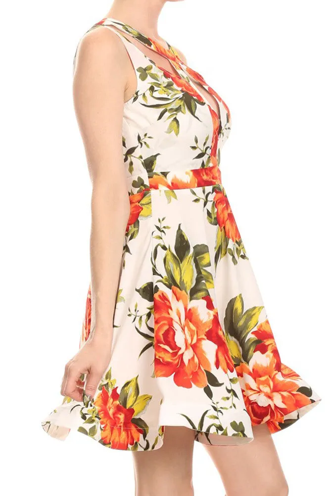 Floral Keyhole Cut Out Cocktail A-Line Fit & Flare Pleated Dress