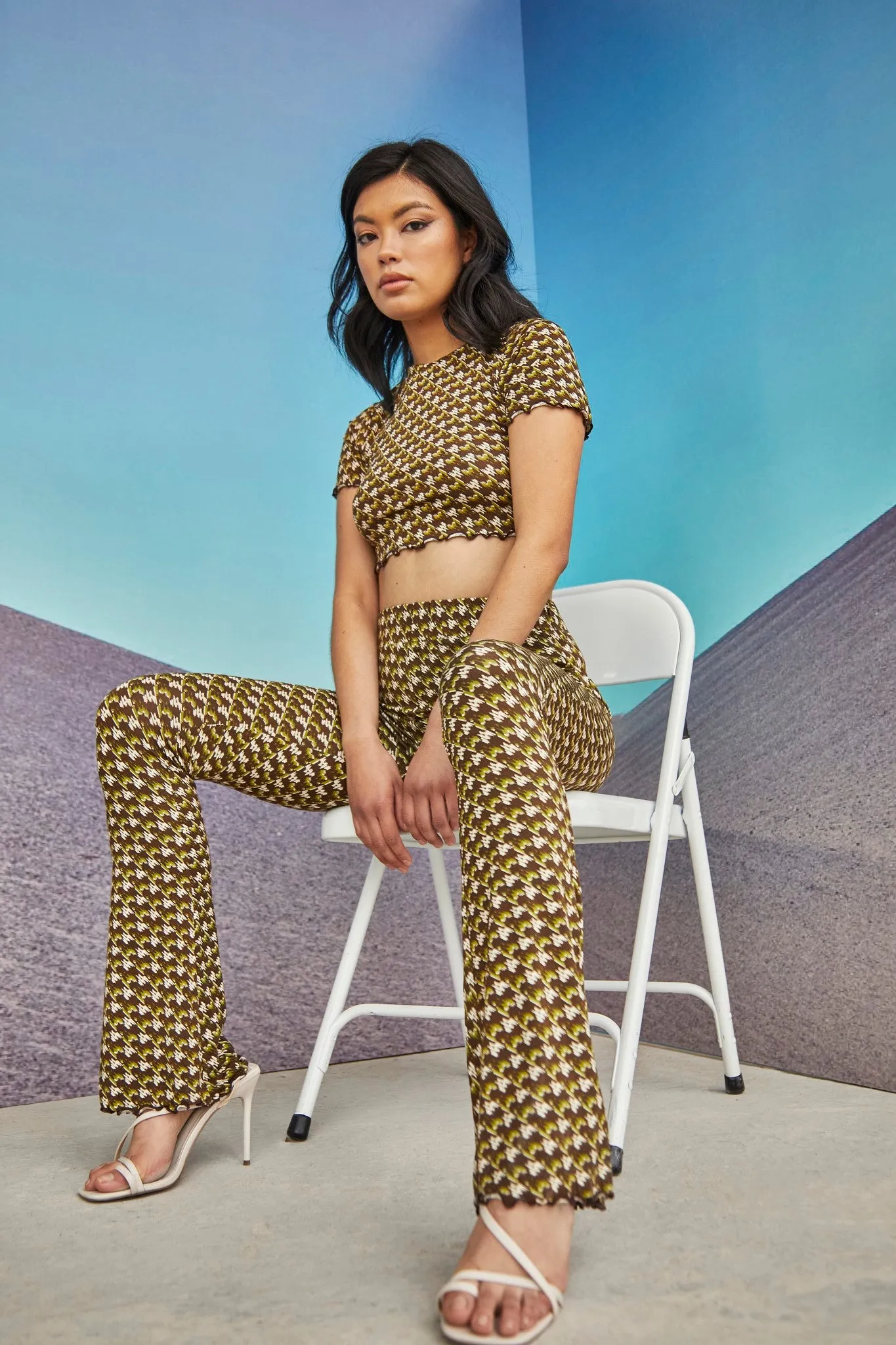 Glamorous Care Khaki Hounds Tooth High Waisted Trousers