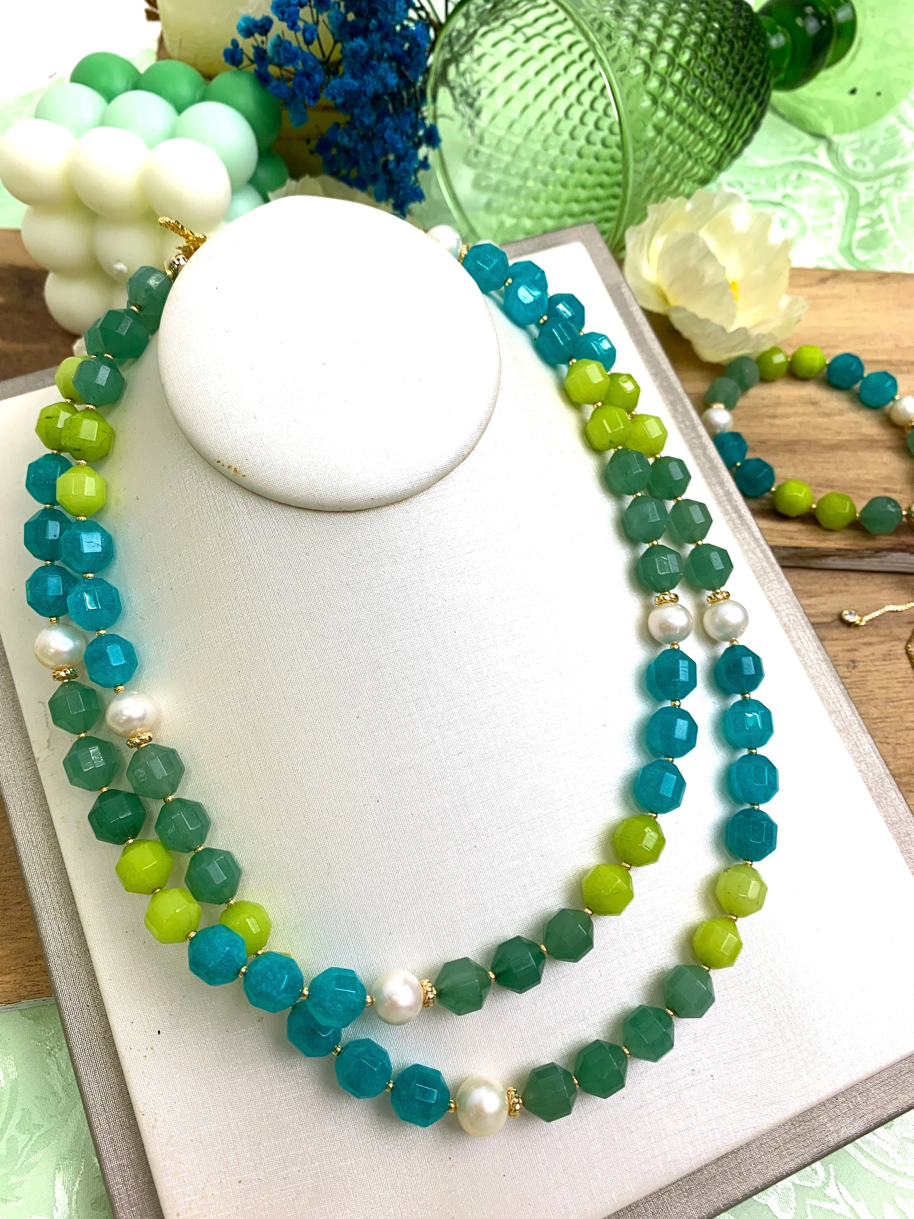 Green & Blue Color Mixed Jade With Pearls Double Layers Necklace HN015