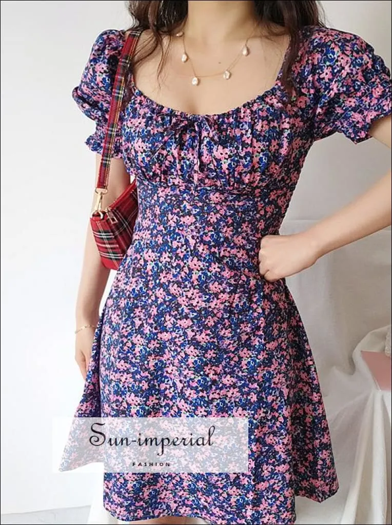 Green Floral Mini Dress a Line Ruched Square Neck Frill Sleeve with Bowknot front