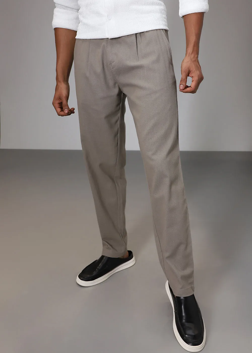 Greyish Brown Comfort Fit Linen Pant