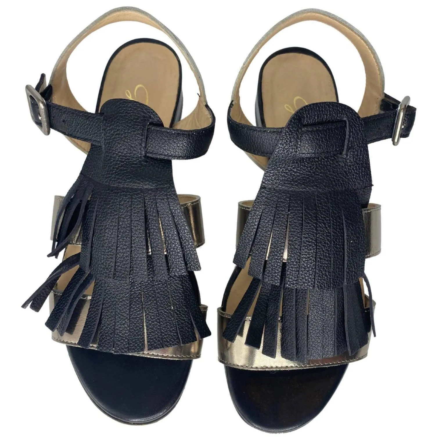 GRILLI Black & Metallic Gold Leather Tassel Sandals | Size US 8 - EU 38