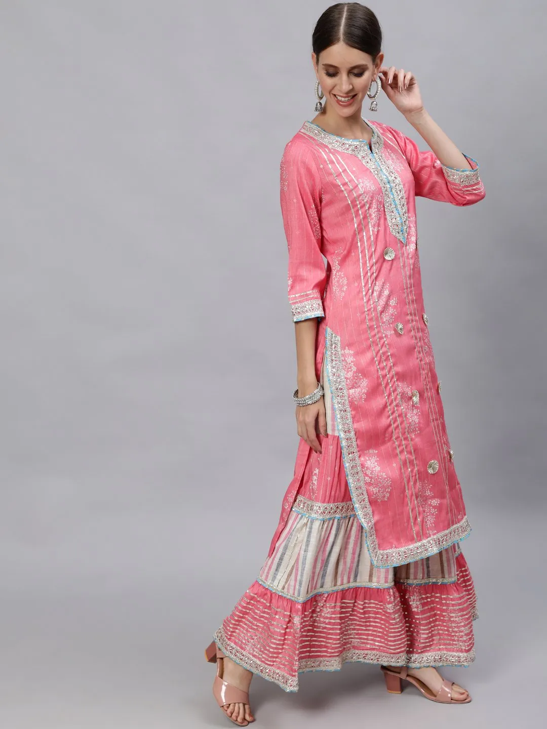 Intricate Salmon Kurta Sharara & Dupatta Set