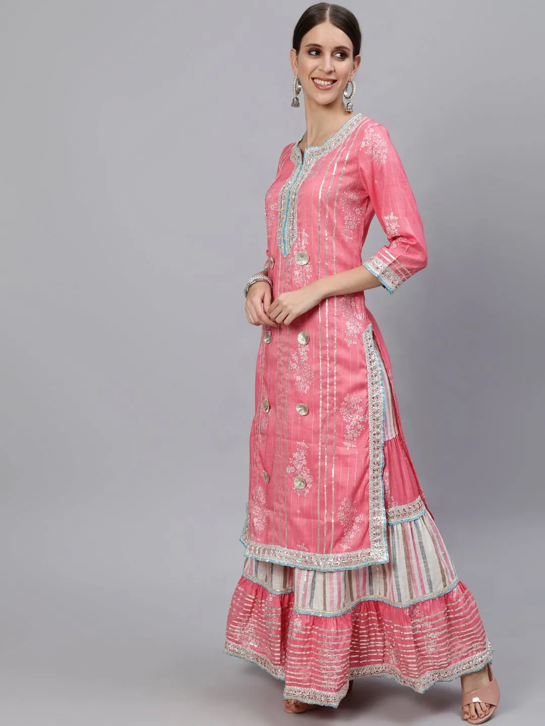 Intricate Salmon Kurta Sharara & Dupatta Set