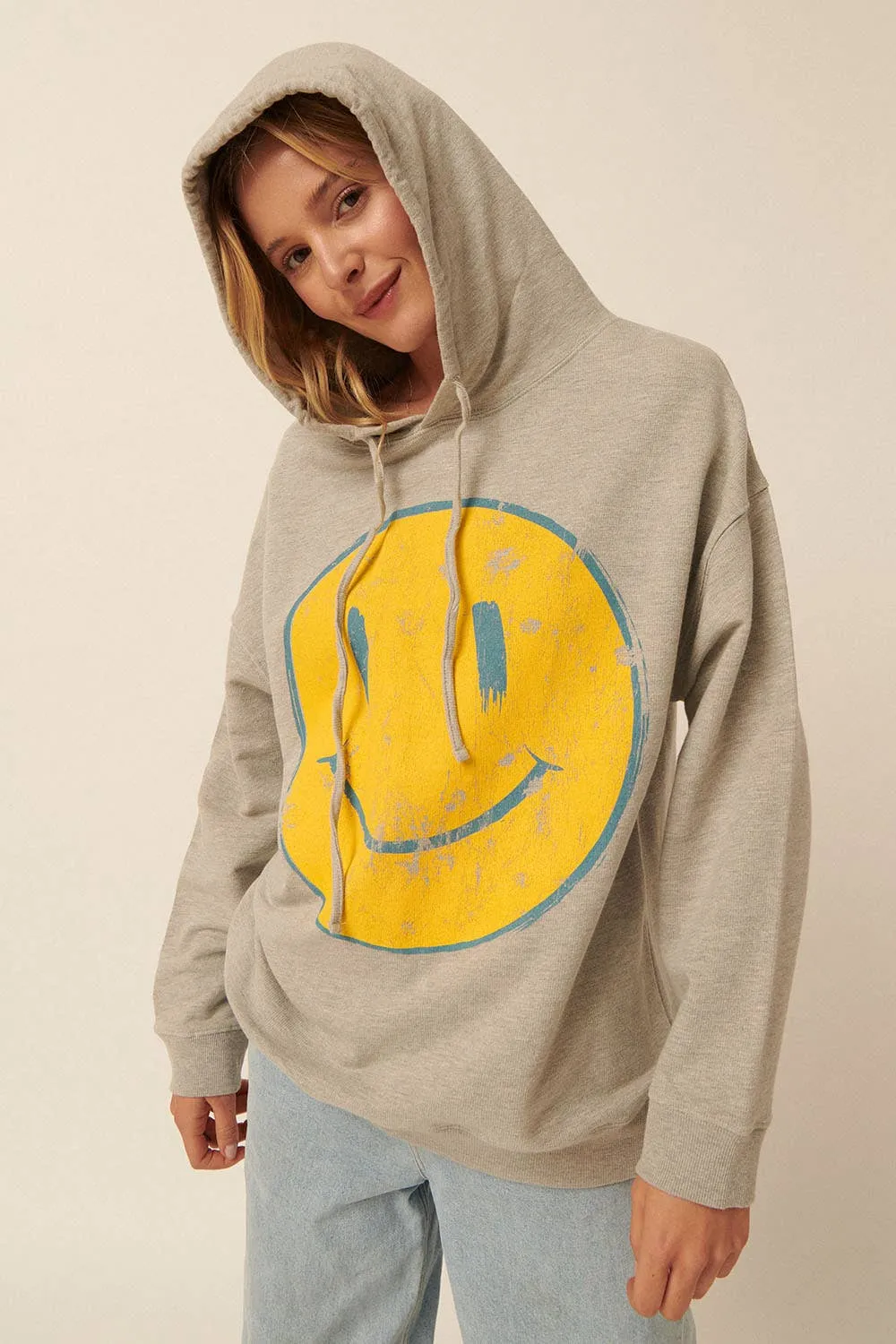 Knit Vintage Style Smiley Face Graphic Hoodie