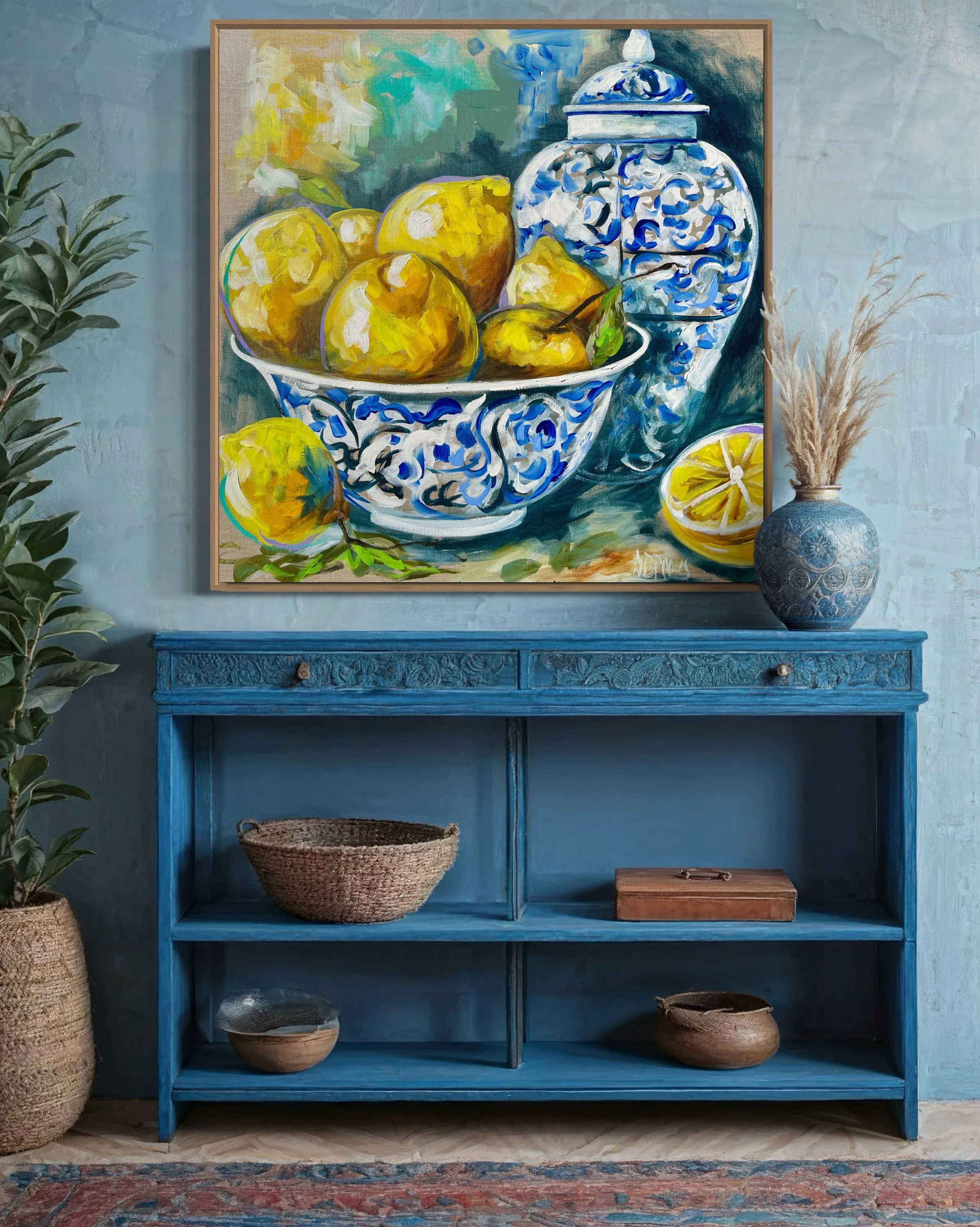 Lemon bowl and ginger jar - original on belgian linen  - 90x90 Cm