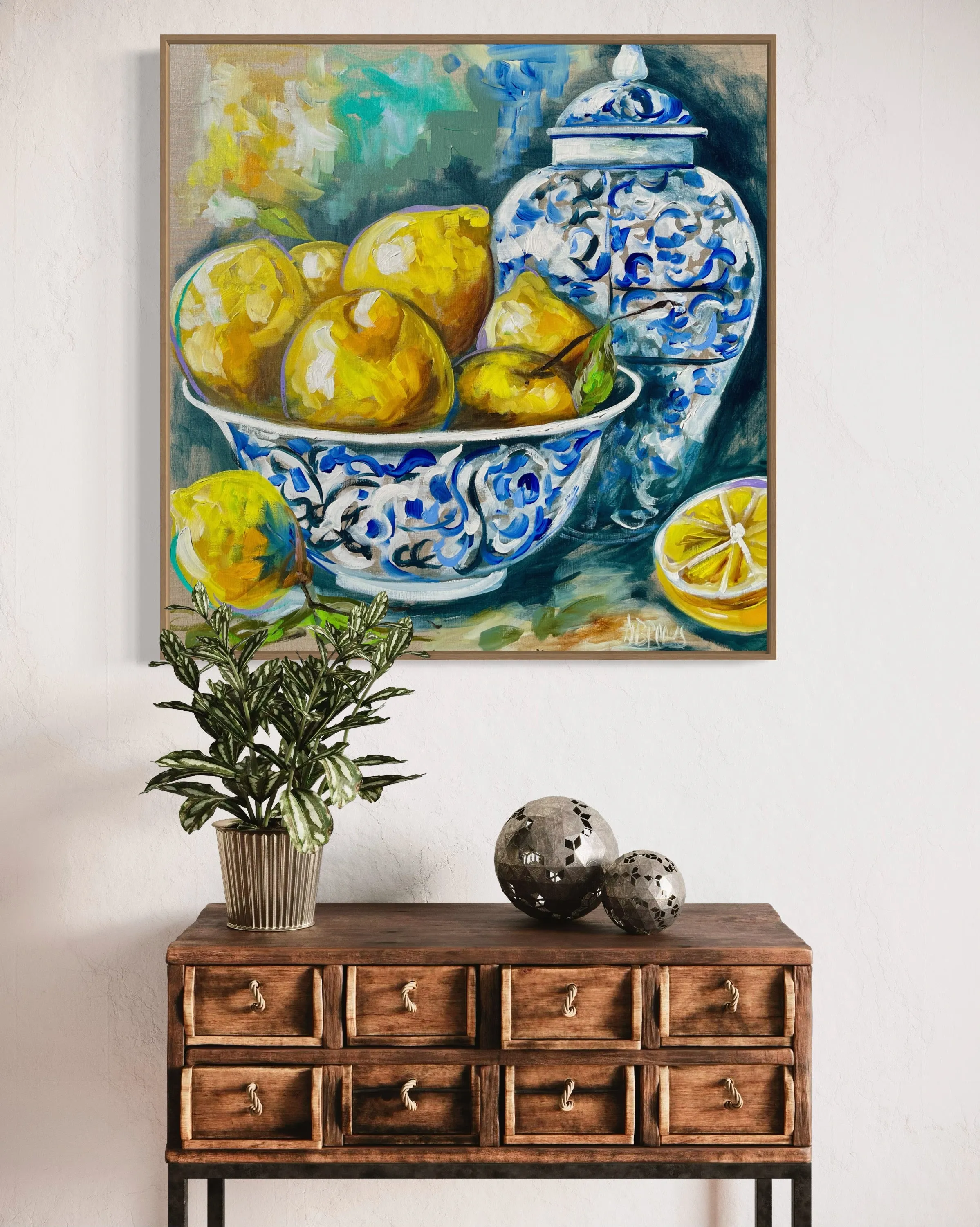 Lemon bowl and ginger jar - original on belgian linen  - 90x90 Cm