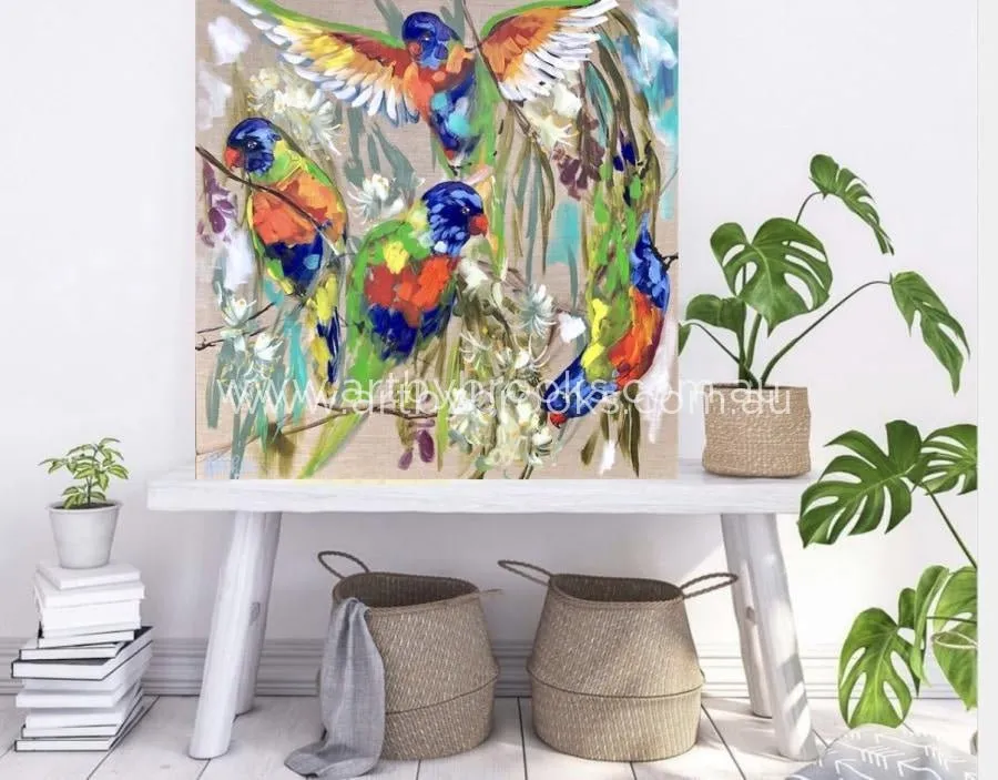 Lorikeets and white gum blossom -  Original 90 x90 cm