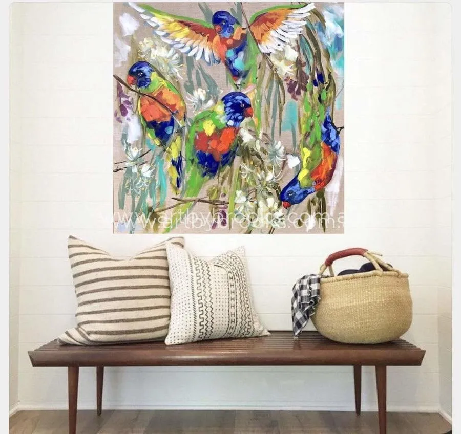 Lorikeets and white gum blossom -  Original 90 x90 cm