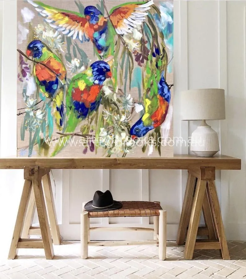 Lorikeets and white gum blossom -  Original 90 x90 cm