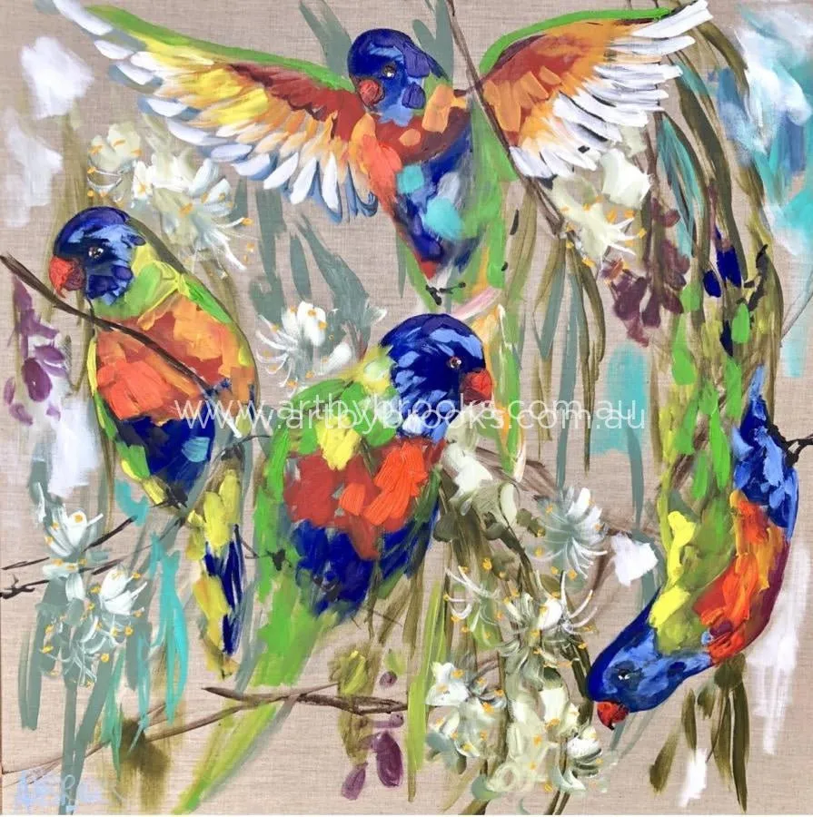 Lorikeets and white gum blossom -  Original 90 x90 cm