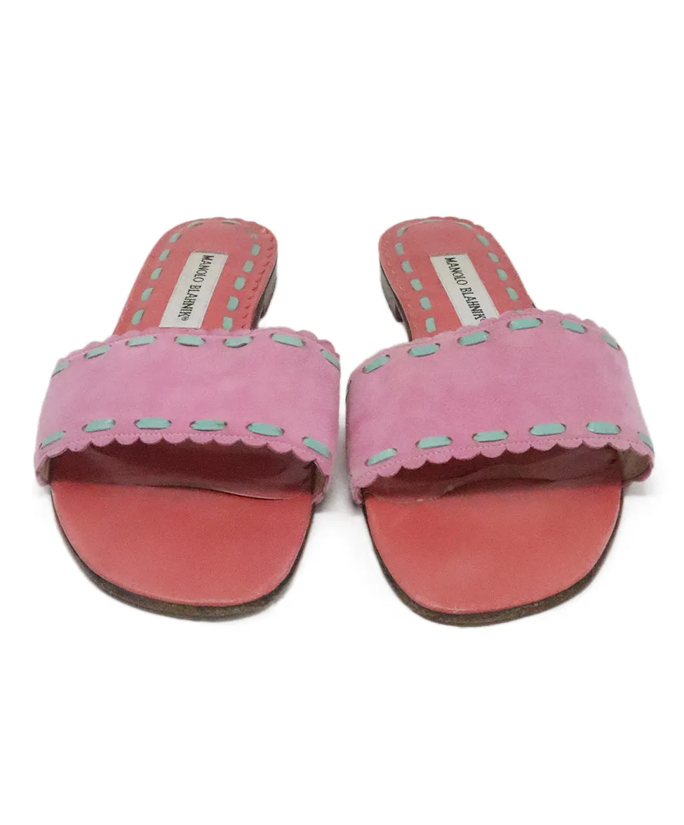 Manolo Blahnik Pink & Aqua Suede Slides sz 9.5