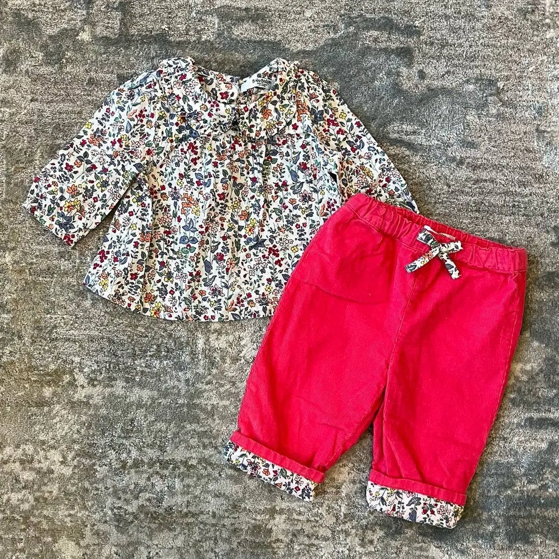 Mini Boden Cozy Pink Corduroy Pants & Floral Blouse 0-3 Months