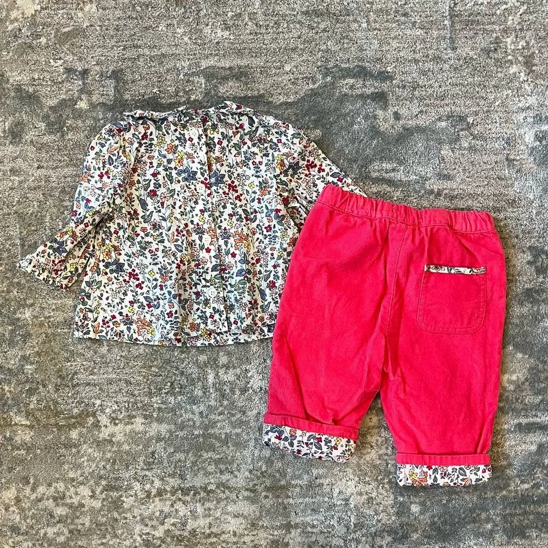 Mini Boden Cozy Pink Corduroy Pants & Floral Blouse 0-3 Months