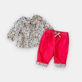 Mini Boden Cozy Pink Corduroy Pants & Floral Blouse 0-3 Months