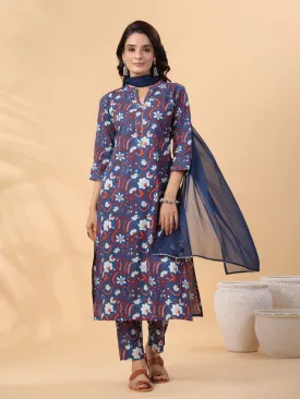 Navy Blue Cotton Floral Regular Kurta Set