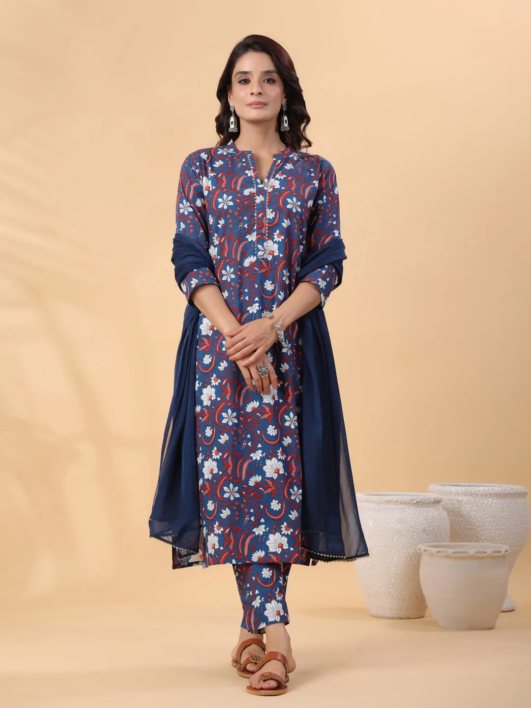 Navy Blue Cotton Floral Regular Kurta Set