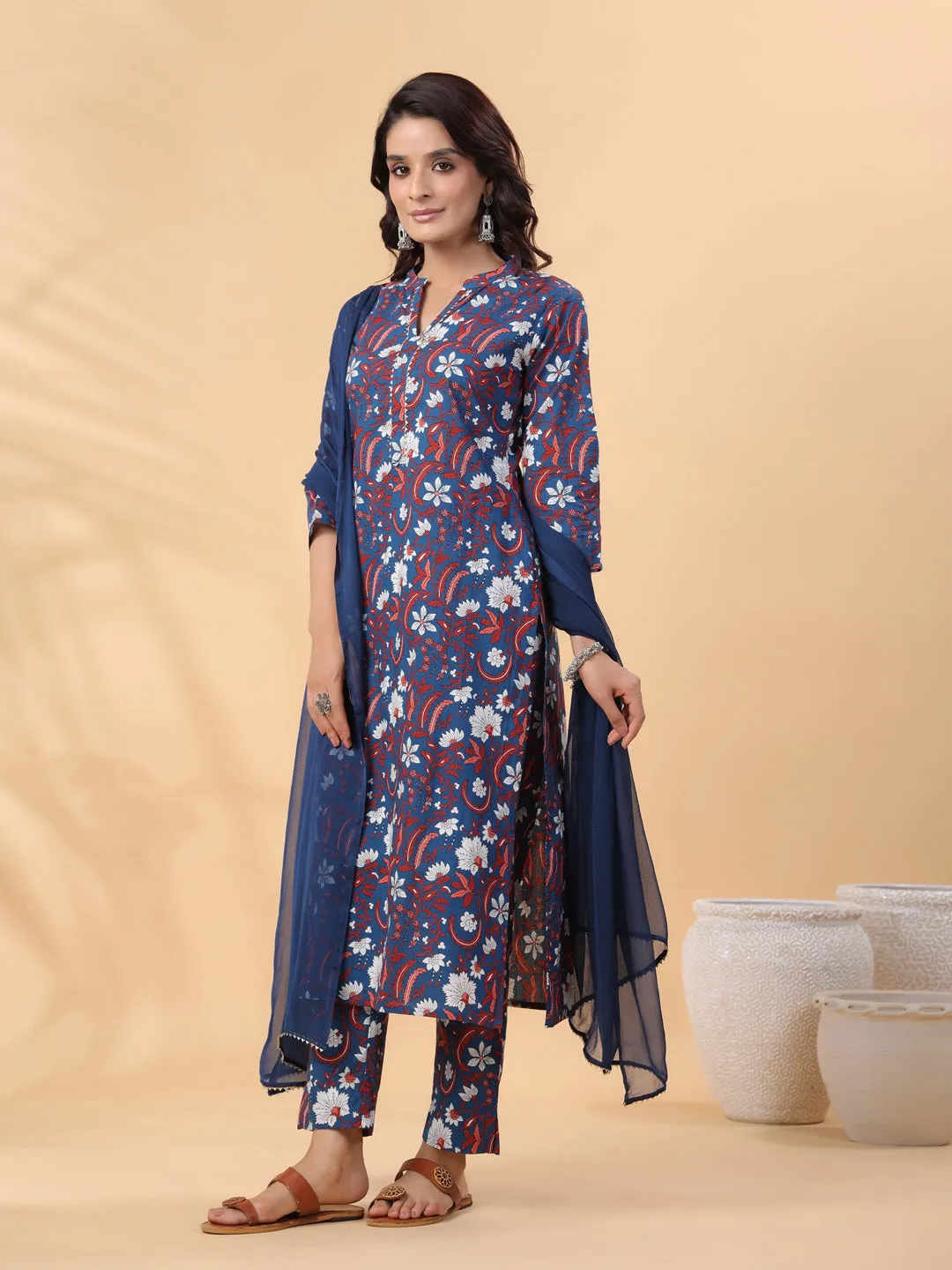 Navy Blue Cotton Floral Regular Kurta Set