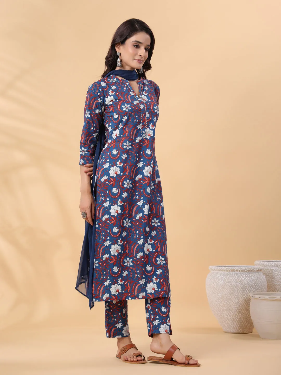 Navy Blue Cotton Floral Regular Kurta Set