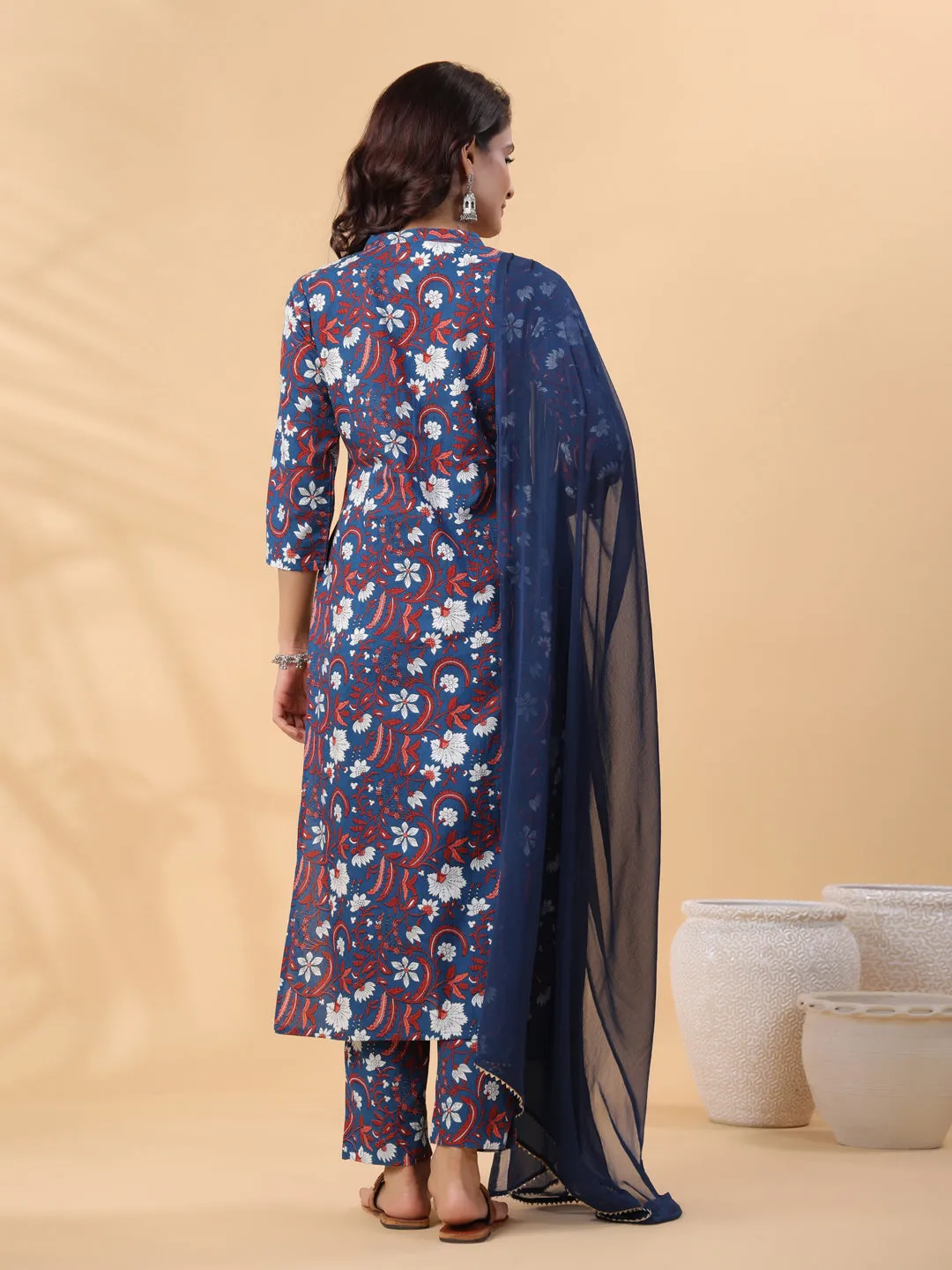 Navy Blue Cotton Floral Regular Kurta Set