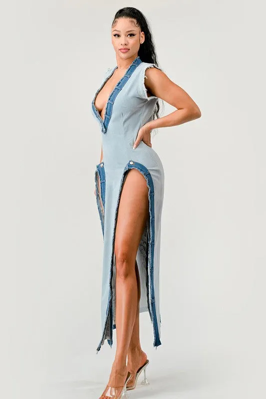 Not Shy- Denim Pullover Dress with Leg Cutouts