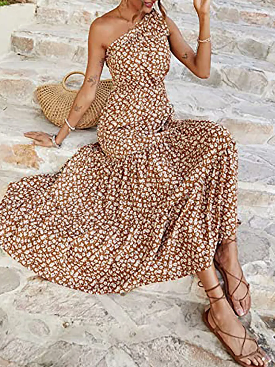 Off Shoulder Printed Tea Length Wholesale Casual Dresses