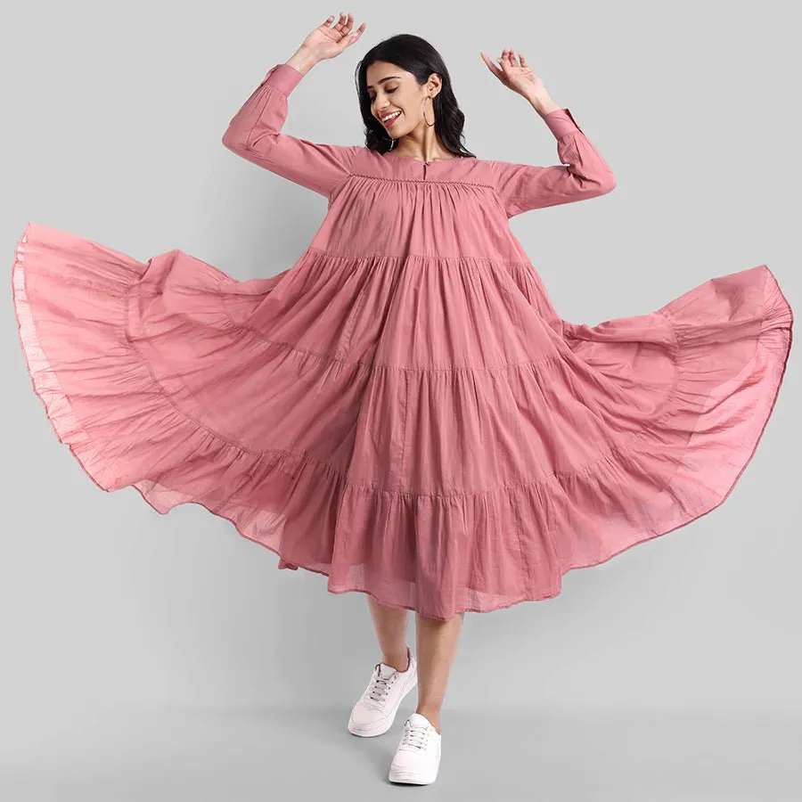 Pink Mul Cotton Graduated Long Dress