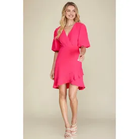 Puff Half-Sleeve Surplice Ruffled Hem Dress