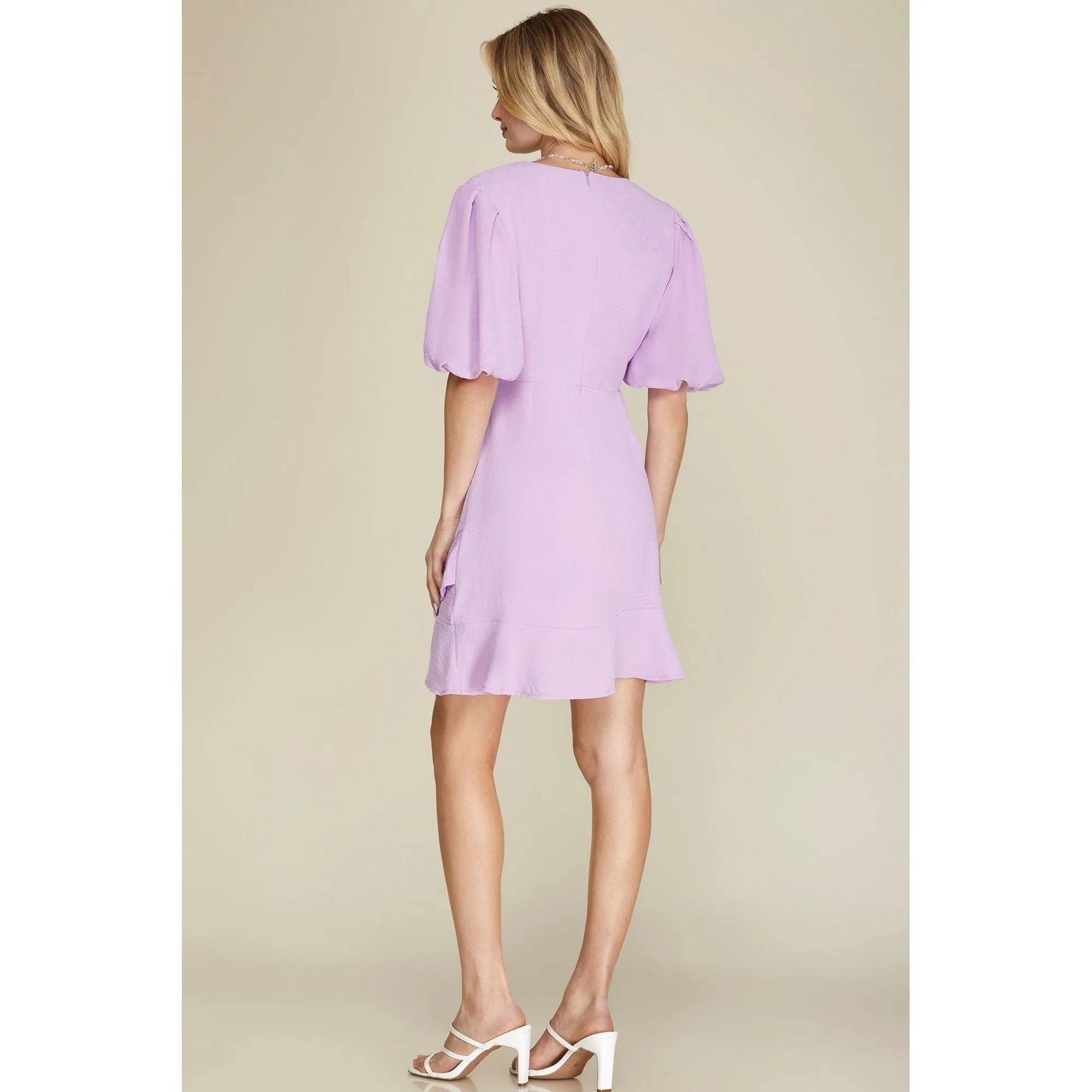 Puff Half-Sleeve Surplice Ruffled Hem Dress