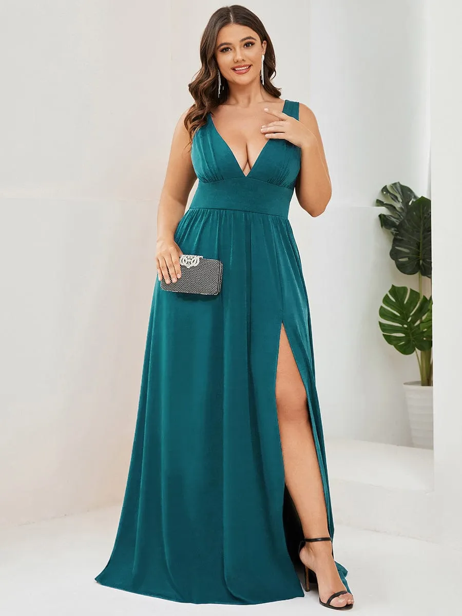 Sleeveless V-Neck Empire Waist High Slit Floor-Length Evening Dress