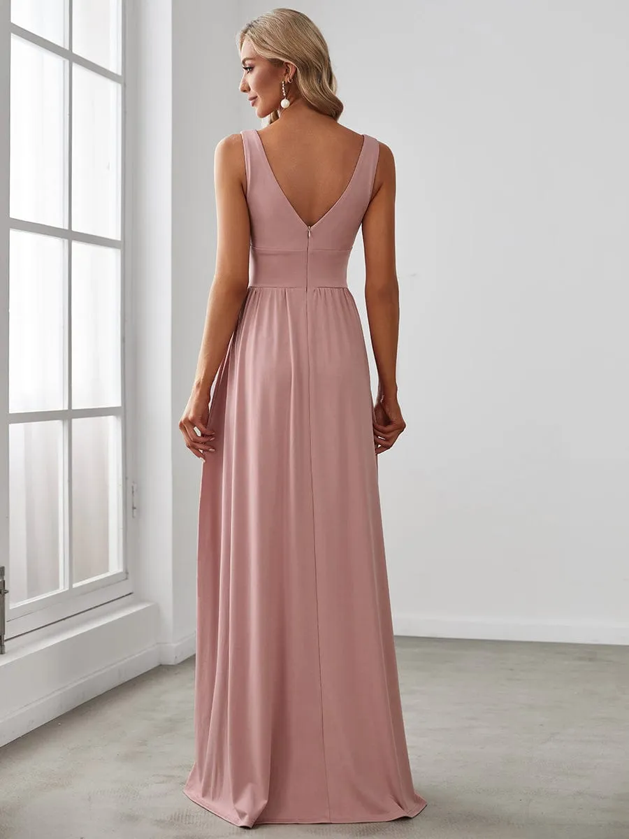 Sleeveless V-Neck Empire Waist High Slit Floor-Length Evening Dress