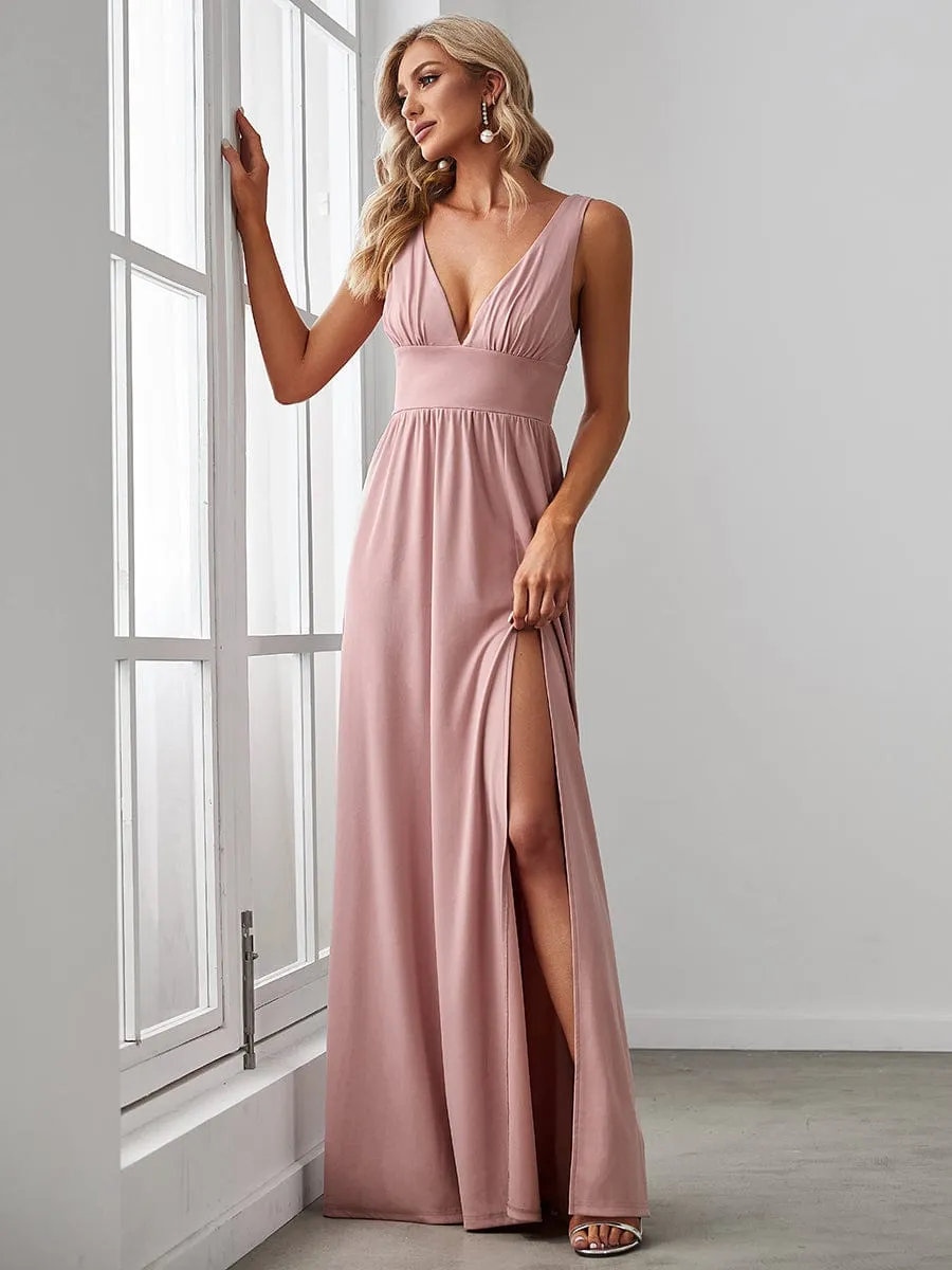 Sleeveless V-Neck Empire Waist High Slit Floor-Length Evening Dress