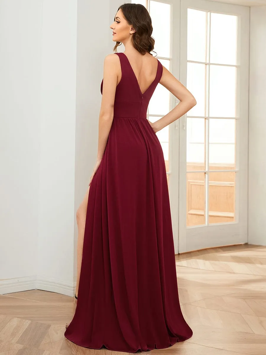 Sleeveless V-Neck Empire Waist High Slit Floor-Length Evening Dress