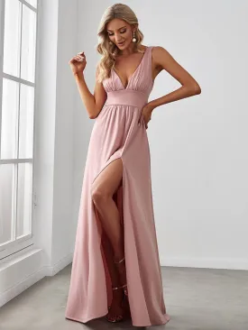 Sleeveless V-Neck Empire Waist High Slit Floor-Length Evening Dress