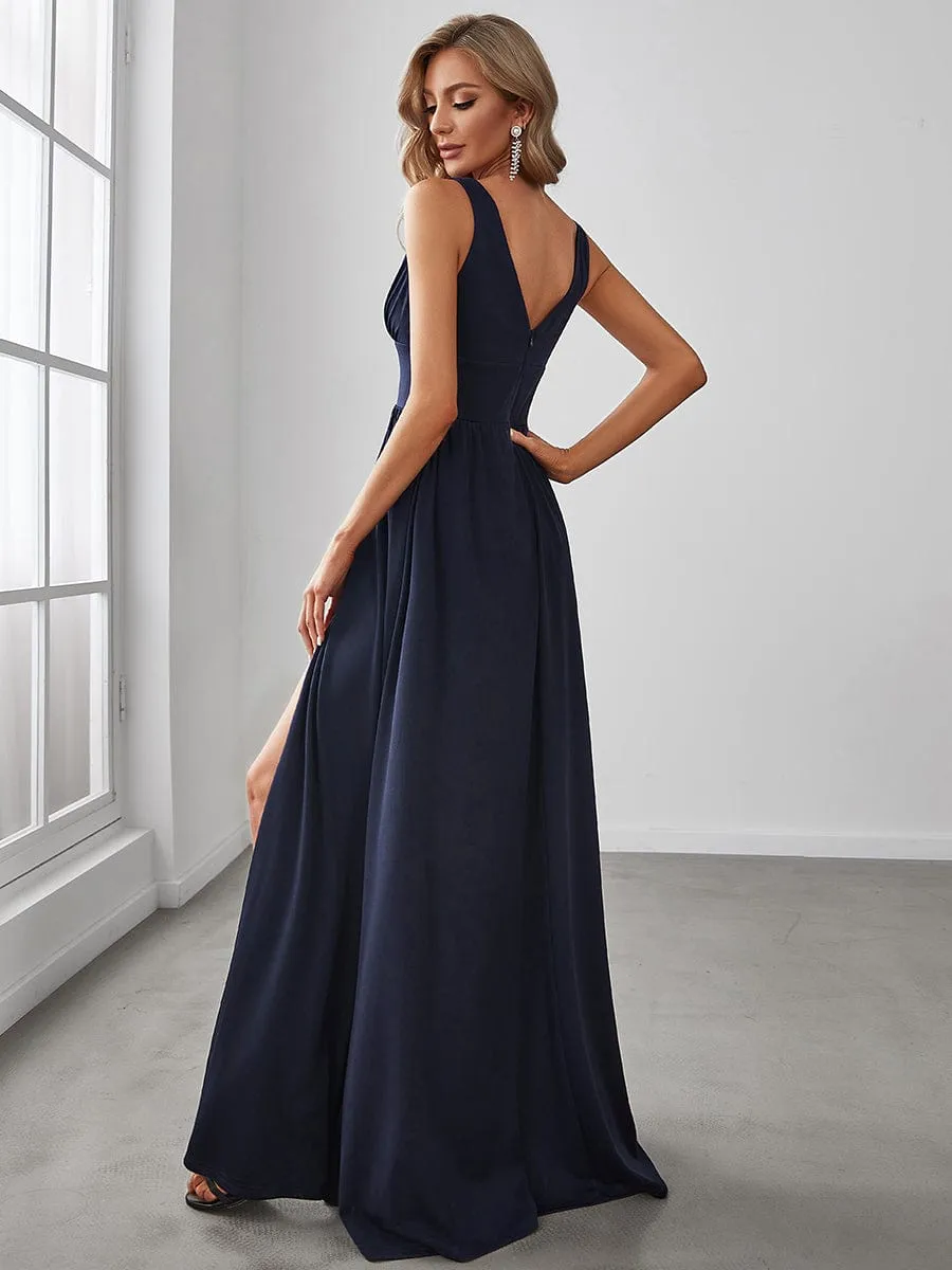 Sleeveless V-Neck Empire Waist High Slit Floor-Length Evening Dress