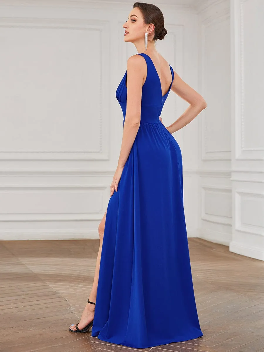 Sleeveless V-Neck Empire Waist High Slit Floor-Length Evening Dress