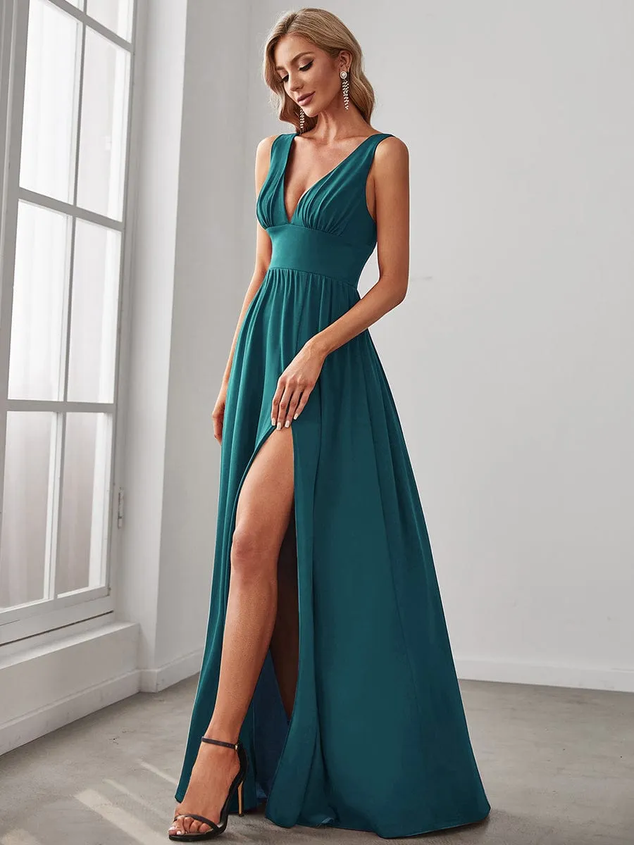 Sleeveless V-Neck Empire Waist High Slit Floor-Length Evening Dress