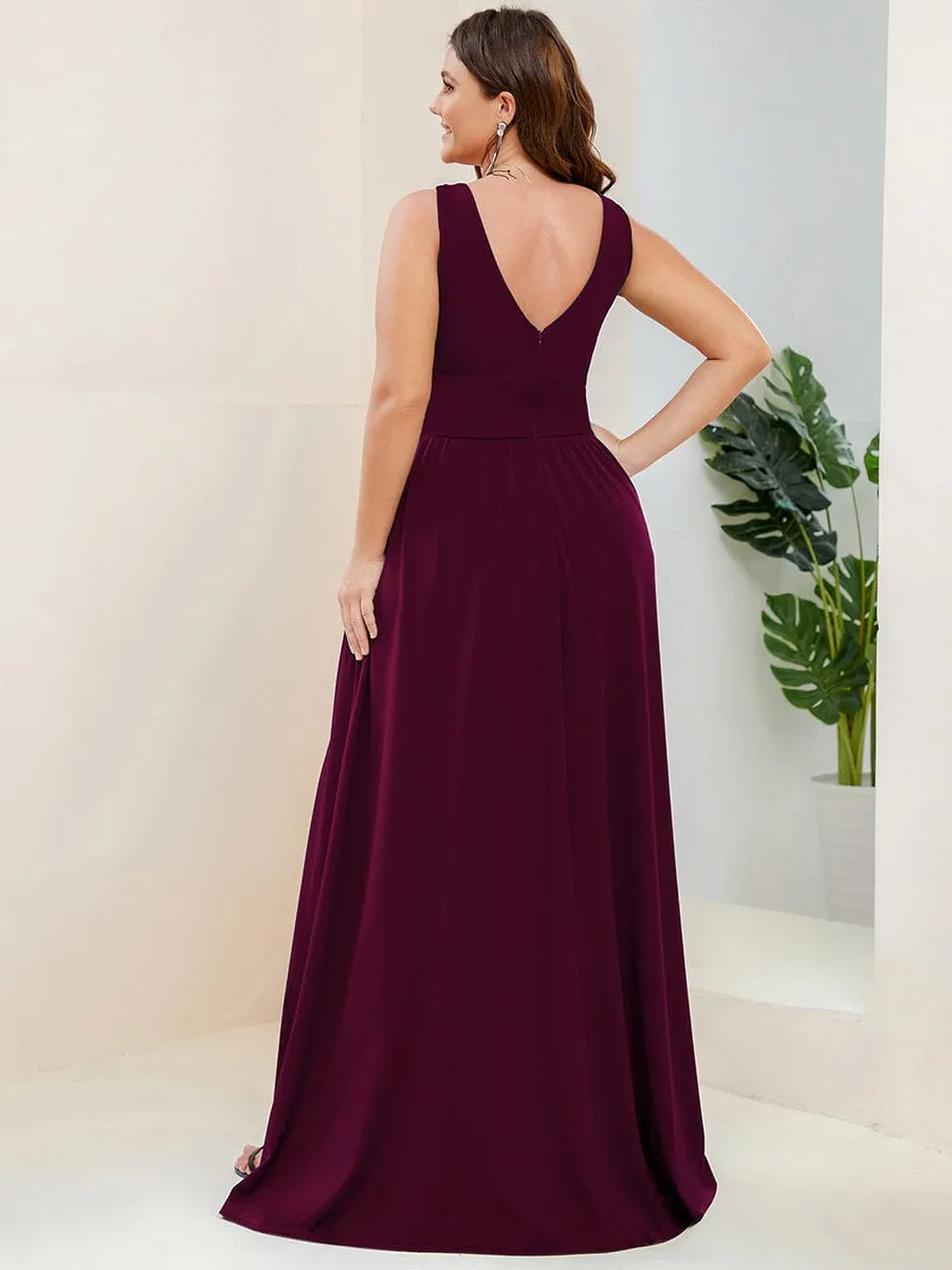 Sleeveless V-Neck Empire Waist High Slit Floor-Length Evening Dress