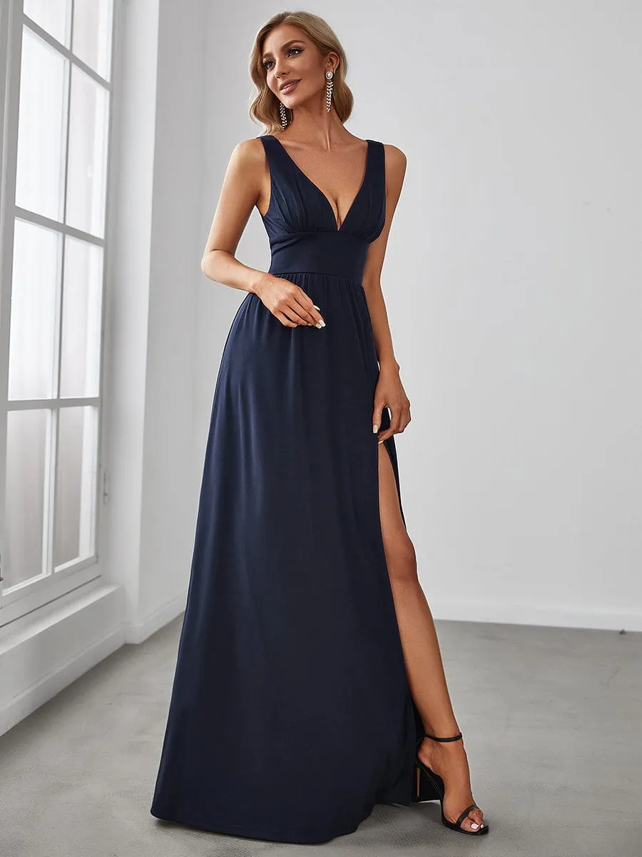 Sleeveless V-Neck Empire Waist High Slit Floor-Length Evening Dress