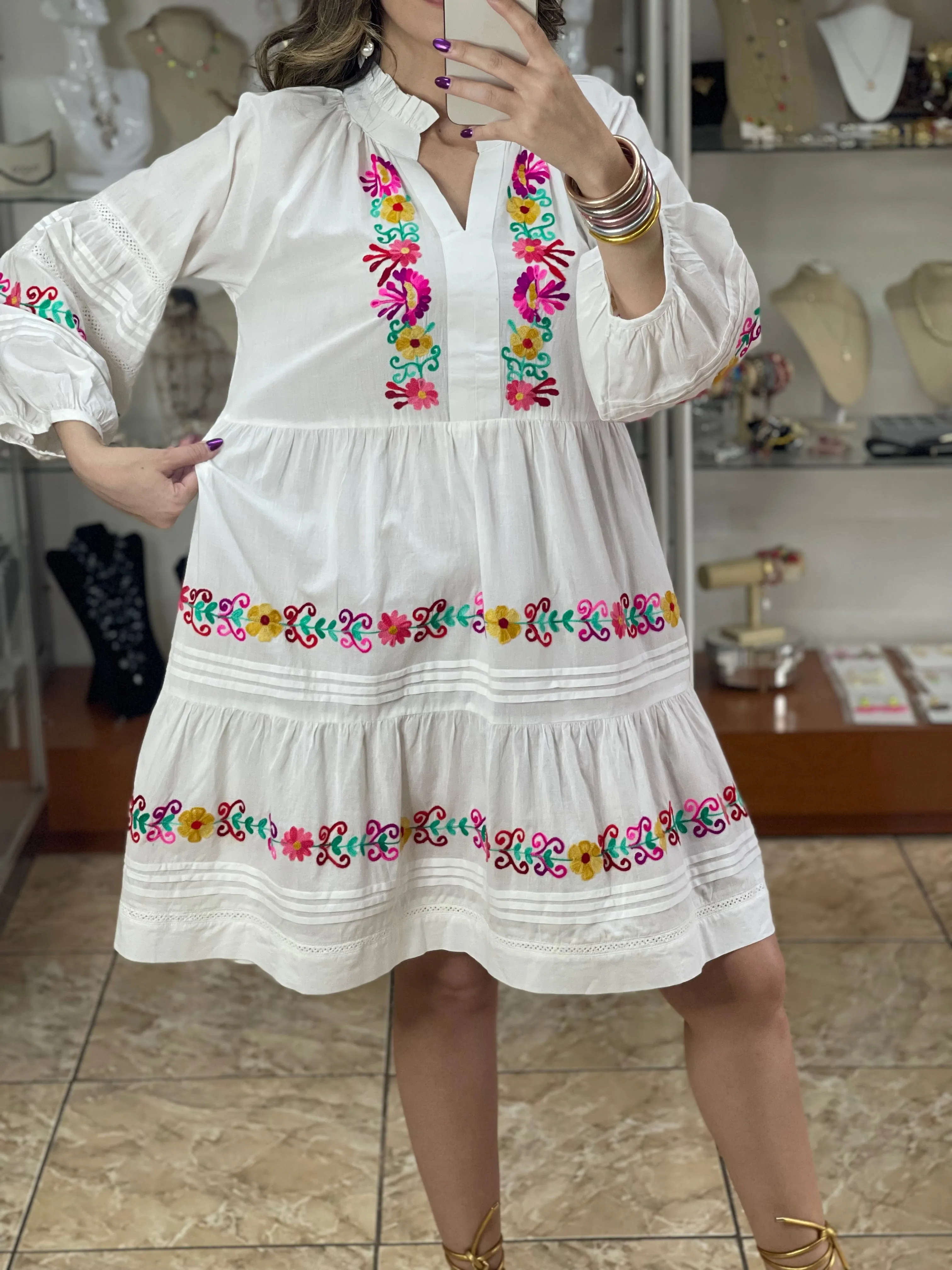 White Floral Embroidered Dress