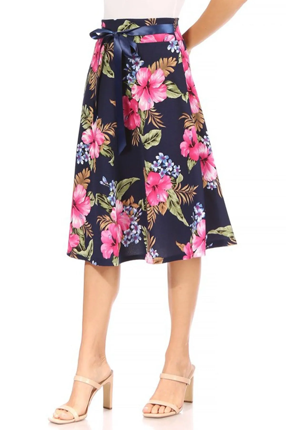 Women's Casual Floral A-line Printed High Waist Bow Tie Belted Knee Length Midi Skirt