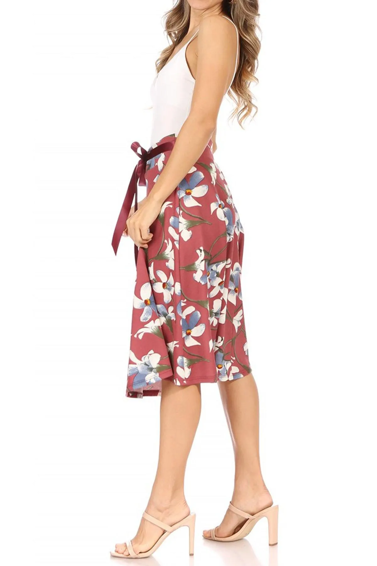 Women's Casual Floral A-line Printed High Waist Bow Tie Belted Knee Length Midi Skirt