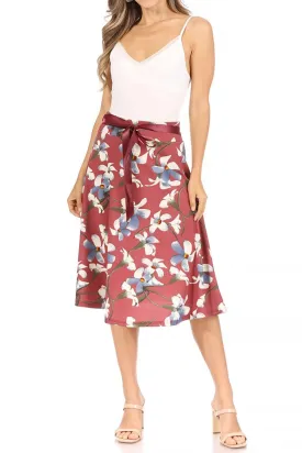 Women's Casual Floral A-line Printed High Waist Bow Tie Belted Knee Length Midi Skirt